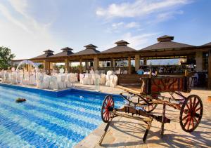 a pool with a horse drawn carriage in front of a pavilion at Hotel Cezaria in Ioannina