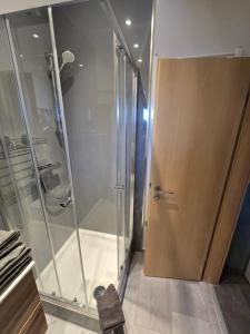 a shower with a glass door in a bathroom at Zur Königslay in Bullay