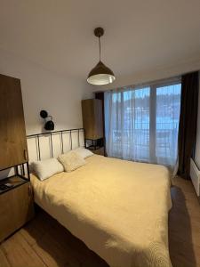 a bedroom with a bed and a large window at Bakuriani Panorama in Bakuriani