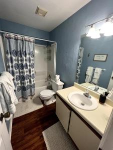 a bathroom with a sink and a toilet and a shower at Vet School - Pools Full Kitchen Queen Bed in Auburn +11 photos