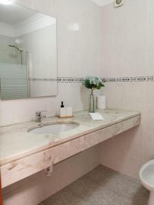 ein Badezimmer mit einem Waschbecken und einer Vase aus Blumen in der Unterkunft Pico Barcelos - Funchal in Funchal