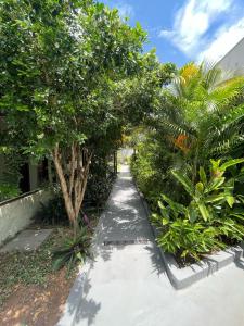a sidewalk with trees and plants on it at Riviera Pantanal Hotel in Cáceres