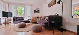 a living room with a couch and a tv at Babérház in Balatonudvari