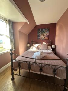 ein Schlafzimmer mit einem großen Bett mit lila Wänden in der Unterkunft Knockenhooley Cottage in Breakish