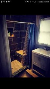a blue tiled bathroom with a shower and a sink at The Zen Den in Del Norte +3 photos