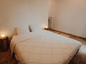 a bedroom with a large white bed with two lamps at Studio cosy en pleine nature avec animaux admis et parking privé - FR-1-590-565 in Montbarrois