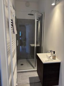a bathroom with a shower and a sink at Ferienwohnung Arminius in Detmold