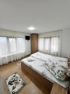 a bedroom with a large bed in a room with windows at Casa Liniștea Munților in Fundata +24 photos