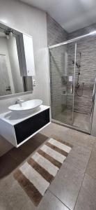 a bathroom with a sink and a glass shower at Apartman Dujmović 1 in Otočac