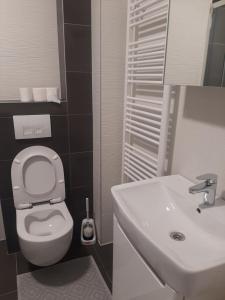 a bathroom with a white toilet and a sink at Luxury Lamela Bulevar in Sarajevo +18 photos