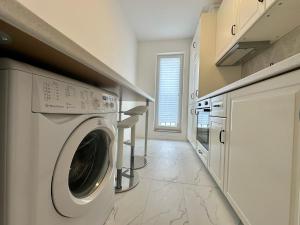 a laundry room with a washer and dryer at Cosmopolis - Anturium Studio in Gara Pantelimon +4 photos