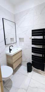 a white bathroom with a sink and a mirror at Catel Studio hyper centre Saint Dizier in Saint-Dizier