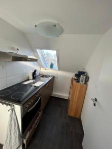 a small kitchen with a stove and a sink at Lotus 3 in Cuxhaven