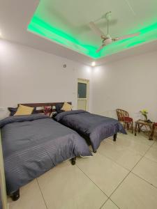 2 camas en un dormitorio con techo verde en Blissfull stay midsts nature, en Rishīkesh