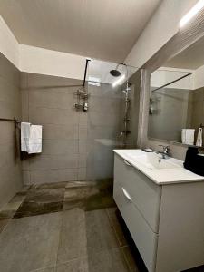 a bathroom with a sink and a mirror at Les bonites carbet pieds dans l eau in Le Carbet +29 photos