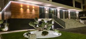 ブラショヴにあるGolden Luxury Apartmentの階段とその前に噴水がある建物