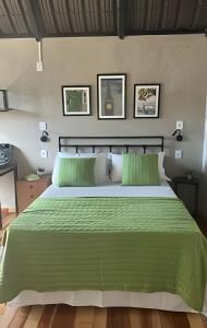 a green bed in a bedroom with two pictures on the wall at Amora Maria Residencial in Cascavel