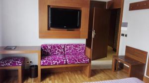 ein Zimmer mit einem lila Sofa und einem Fernseher in der Unterkunft Hotel Confort BRASEROS in Burgos