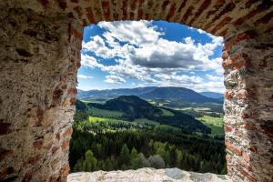 a window in a brick wall looking out at the mountains at Willa auf der Steinplatte in Teufenbach