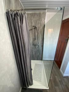 a shower with a shower curtain in a bathroom at Crumlin Road Town House in Belfast