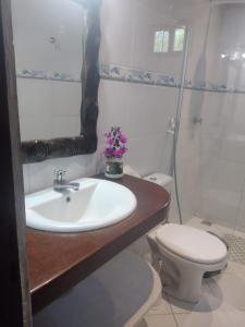 a bathroom with a sink and a toilet and a mirror at Pousada Aquarela Pipa in Pipa +26 photos