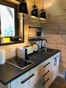 a kitchen with a sink and a microwave and lights at Kavics Kabin in Nagymaros +17 photos