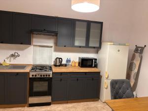 La cuisine est équipée de placards noirs, d'une cuisinière et d'un réfrigérateur. dans l'établissement Apartament Zacisze 2, à Przemyśl 5 autres photos