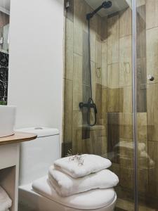 a bathroom with a shower with towels on a toilet at Departamentos Santa Bárbara Osorno in Osorno +19 photos