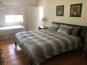 a bedroom with a bed with a striped comforter and a window at Westlake Cottages - Tulip Tree in Wellington