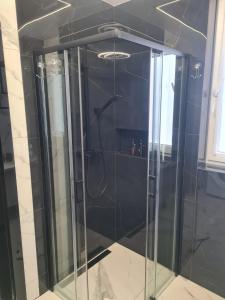 a shower with a glass door in a bathroom at APARTAMENT TU się oddycha in Dziwnówek +17 photos