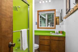 a green bathroom with a sink and a mirror at Mt. Hood Chalet in Government Camp +29 photos