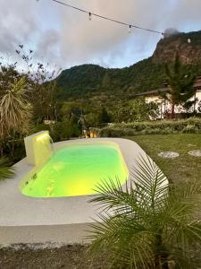 a green swimming pool in a yard with a mountain at Pika 01 by Pika cabins con Piscina privada in San Carlos +14 photos