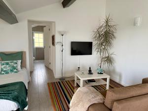 a living room with a couch and a tv at Casa Caloura Seaside Deluxe Accommodation & Spa in Lagoa