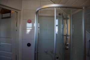 a shower in a bathroom with a glass door at Aaroybukt Guesthouse in Årøybukta +26 photos
