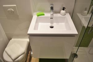 une salle de bain blanche avec un lavabo et des toilettes dans l'établissement Studio Maison Verte Colmar Centre, à Colmar 19 autres photos