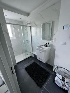 un bagno bianco con doccia e lavandino di Charmant T2 Haut Standing a Saint-Louis