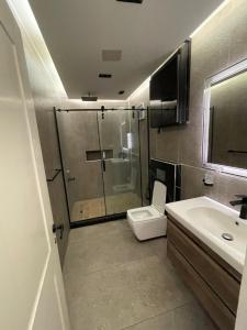 a bathroom with a shower and a toilet and a sink at إشراقة النيل in Cairo +36 photos