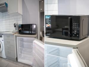two pictures of a kitchen with a microwave and a sink at Appartement en plein centre de Nîmes in Nîmes