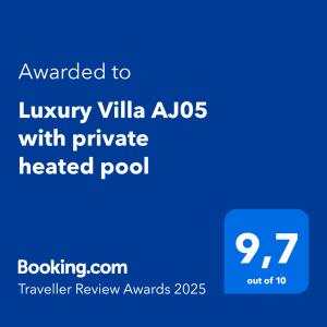 Certifikát, hodnocení, plakát nebo jiný dokument vystavený v ubytování Luxury Villa AJ05 with private heated pool