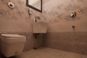 a bathroom with a toilet and a sink at The Trippy Tribe Riverside Hostel Kasol in Kasol +77 photos