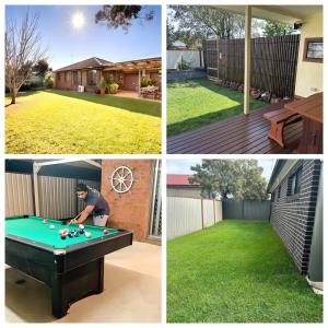 four pictures of a backyard with a pool table at Cheerful 13 Bedrooms With Free Parking in Penrith +2 photos