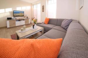 a living room with a couch and a tv at Exkl App Seestern, W-LAN, 250 m zum Strand in Börgerende-Rethwisch