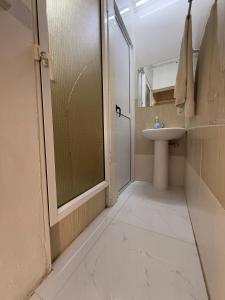 a bathroom with a glass shower and a sink at Cosy Two-Bedroom Apartment in Port Louis