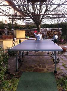 サン・カシャーノ・イン・ヴァル・ディ・ペーザにあるAffittacamere Pergolato di Sottoの卓球台でテニスをする人