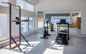 un gimnasio con dos cintas de correr y una cinta de correr en Villa OMORFI, en Kókkinon Khoríon