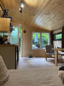 a room with a bed and a kitchen and a table at cabane in Saint-Vincent-de-Paul