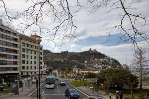 a city street with cars and a hill in the background at Palacio Miramar by FeelFree Rentals in San Sebastián