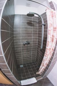 a shower with a shower head in a mirror at Central Apartman Sopron in Sopron