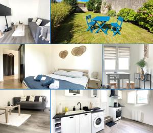 een collage van foto's van een slaapkamer en een woonkamer bij Les chats pitres Maison au calme rénovée avec jardin, terrasse aménagée, transats, abri à vélo, parking gratuit, 5 mn à pied du centre Bayeux proche des plages du débarquement in Bayeux