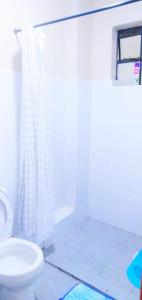 a white bathroom with a shower and a toilet at Essik Homes Studio 1 - Muthiga, Waiyaki Way in Nairobi